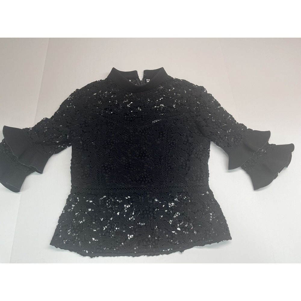 Rachel Zoe Womens Lace 3/4 Sleeve Size 2 Back Zip Blouse Black